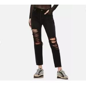 AFRM Cyrus Super High Rise Crop Jeans Size 24 Black Wash Button Fly Distressed